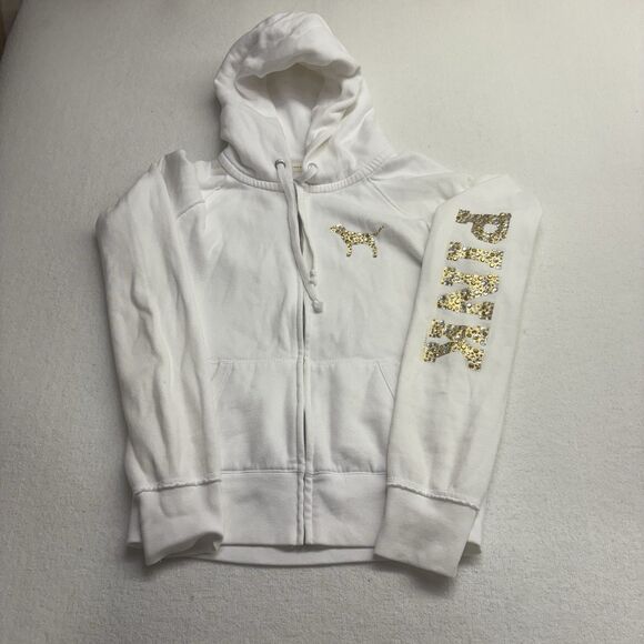 Victoria Secret PINK Zip Up White & Gold Hoodie Embellished Peace Sign Y2K Vint - Picture 1 of 9
